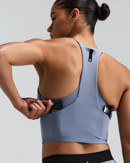 Bandit Womens Striped Cadence Zip Front T-Back Race Crop - Steel Horizon/Pavilion Blue - Frontrunner Colombo