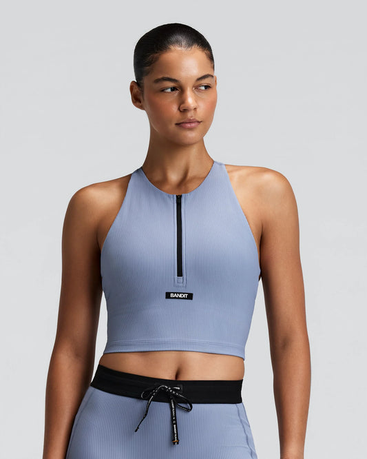 Bandit Womens Striped Cadence Zip Front T-Back Race Crop - Steel Horizon/Pavilion Blue - Frontrunner Colombo