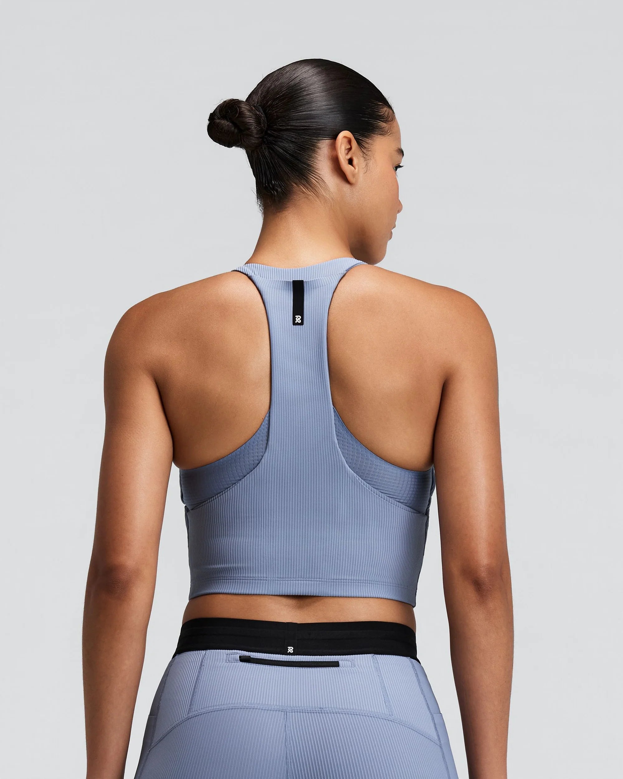Bandit Womens Striped Cadence Zip Front T-Back Race Crop - Steel Horizon/Pavilion Blue - Frontrunner Colombo