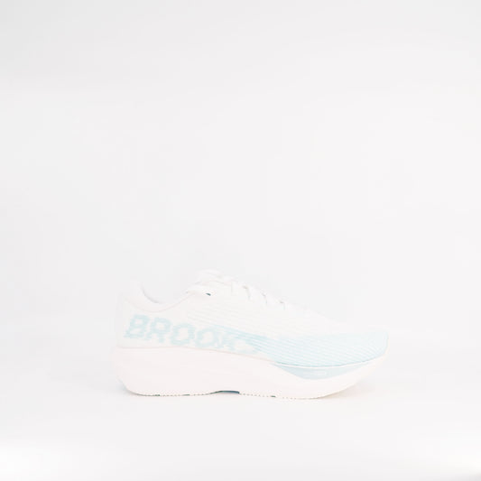 Brooks Ghost Amp (B Standard) Womens White/Blue/Metallic - Frontrunner Colombo