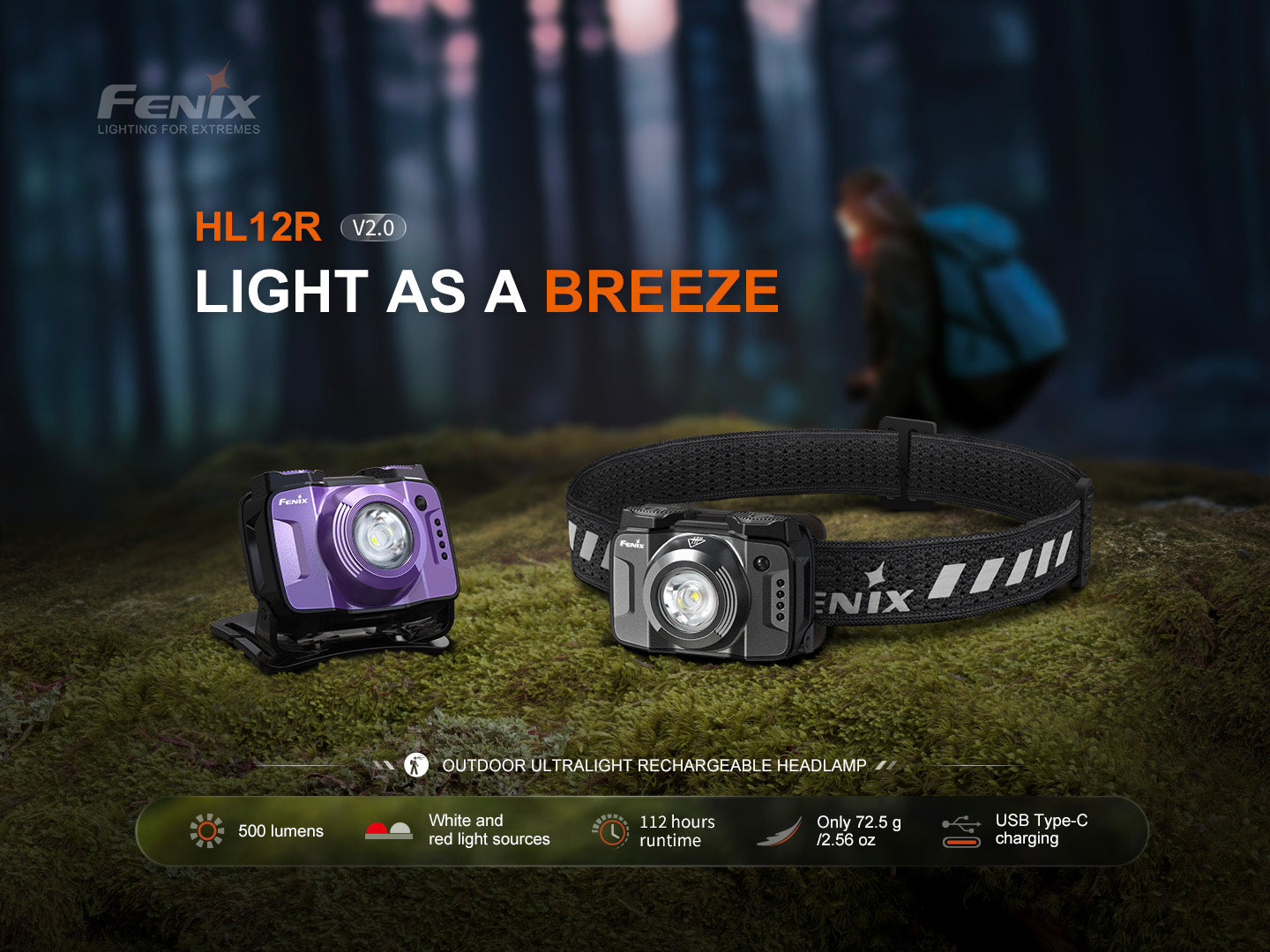 Fenix HL12R Rechargeable Headlamp Purple - Frontrunner Colombo
