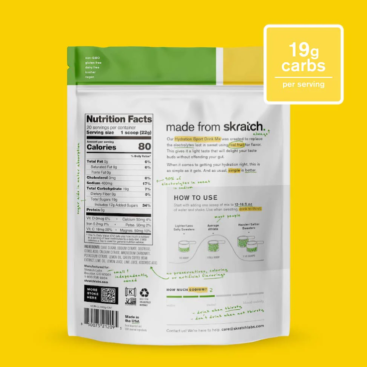 Skratch Labs Sports Hydration 440g bag Caffeine Lemon & Lime - Frontrunner Colombo