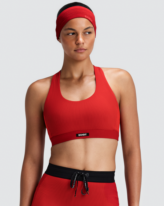 Bandit Women's Striped Cadence Scoop Neck T-Back Run Bra / Oxide Red/Signal Red - Frontrunner Colombo